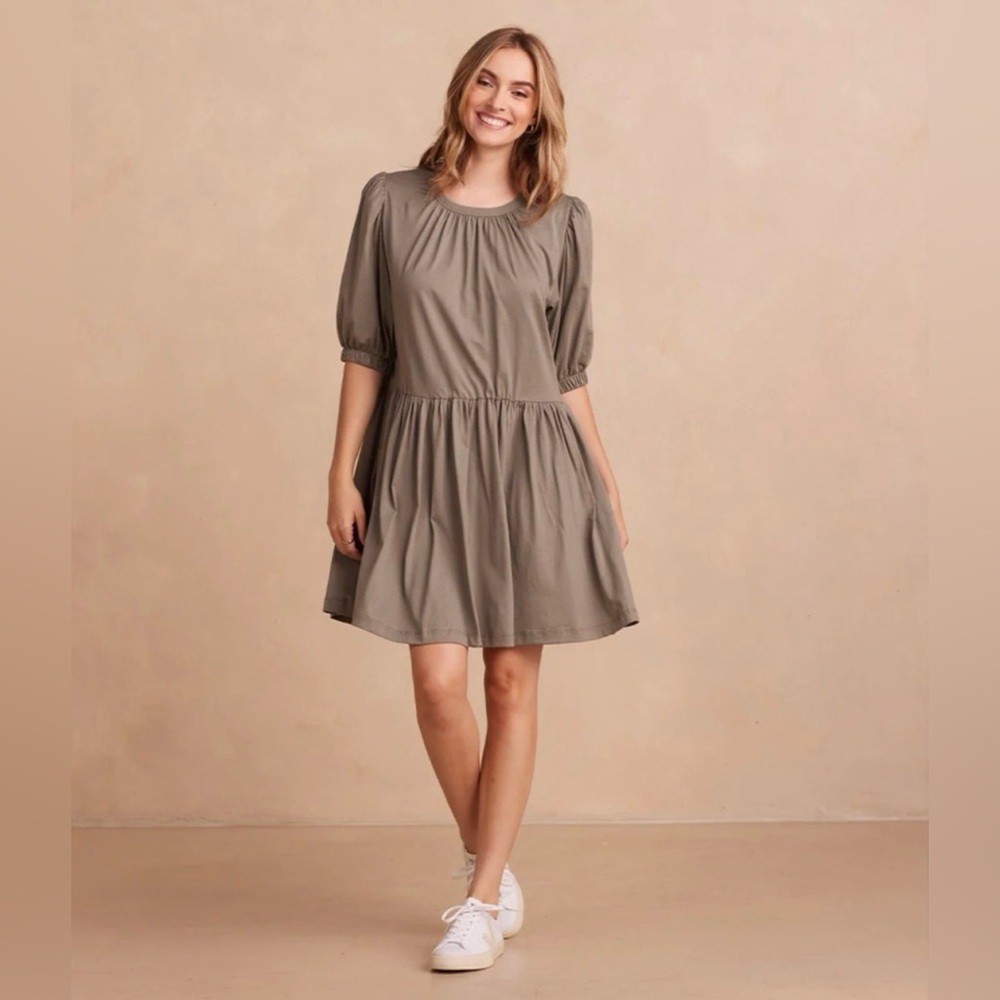 🆕 NWT Summersalt The Luxe Pima Puff Sleeve Mini Dress Drop Waist Pocket Green 1X